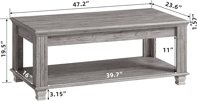 Farmhouse Coffee Tables for Living Room,Square Tea Table with Open Storage Shelf,Large Coffee Table,Rustic Wooden Center Table,Gray-Ruum Studio Home
