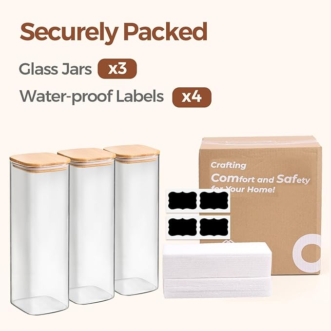 ComSaf Glass Spaghetti Pasta Storage Containers with Lids 2.2 Qt Set of 3, Tall Clear Airtight Food Storage Jar with Lid for Noodles Flour Oat Cereal Sugar Beans, Sqaure Spaghetti Pantry Containers-Ruum Studio Home