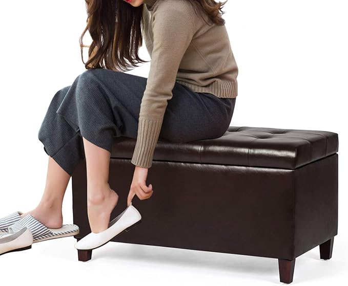 Asense Storage Ottoman Bench, Faux Leather Upholstered End of Bed Bench with Safety Hinge Wooden Legs, for Entryway Bedroom (Chocolate Brown, 33.3")-Ruum Studio Home