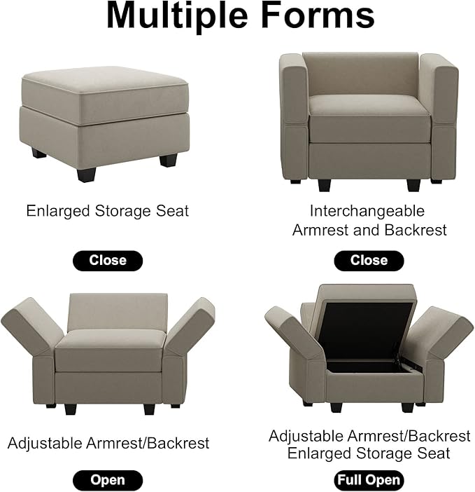 Belffin Modular Sectional Arm Chair Accent Chair with Storage Seat Single Club Chair for Apartment Velvet Grey-Ruum Studio Home