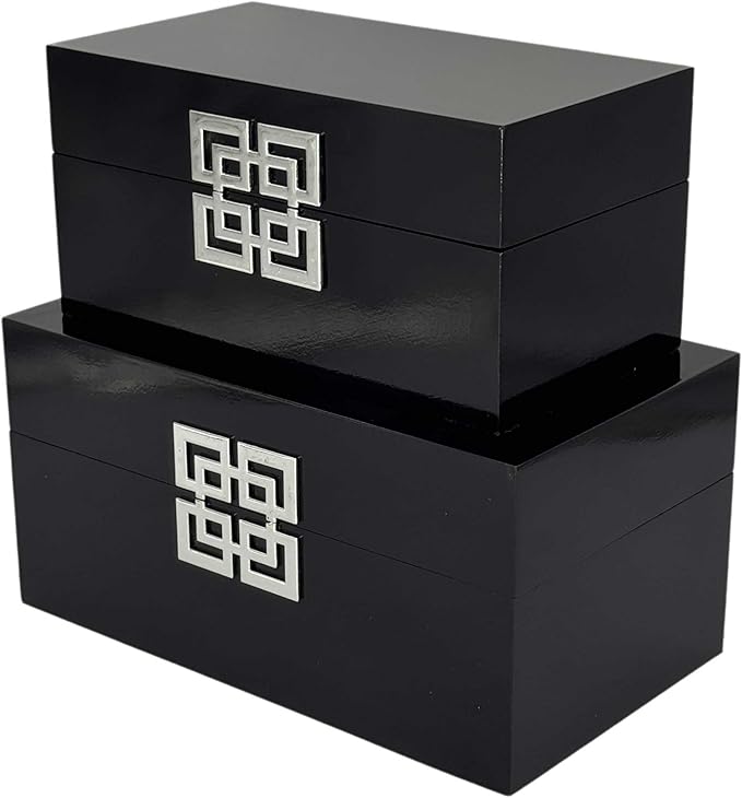 Galt International Storage Box Set Decorative Storage Box w/Hinged Lid Classic Design Wood Decor Boxes with Geometric Clasp Storage for Bedroom & Home - Set of 2 (Black & Silver)-Ruum Studio Home