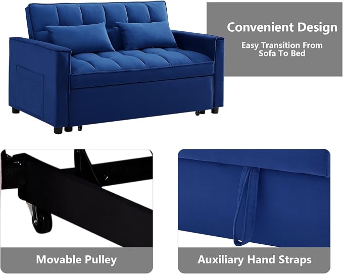 3 in 1 Convertible Sleeper Sofa Bed,Futon Loveseat Couch with Pull-Out Bed & Adjustable Backrest,Velvet Fabric Sofa with Side Pocket for Small Apartment, Living Room, Office (Blue)-Ruum Studio Home