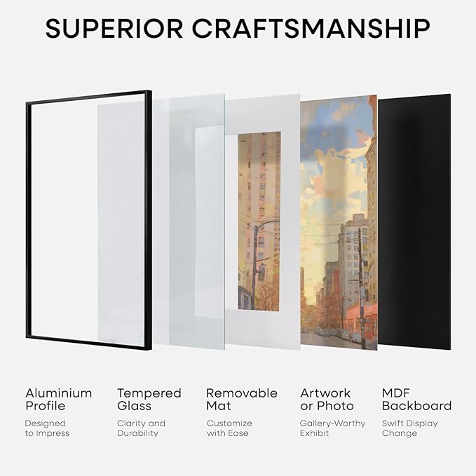 Homeforia Black 11x14 Picture Frame, High End Metal 11x14 Poster Frames with Mat 8x10, 11 x 14 Black Frame Matted to 8 x 10 inch Photo, 11 by 14 Thin Hanging Frames, Tempered Glass, Wall Kit, Set of 1-Ruum Studio Home