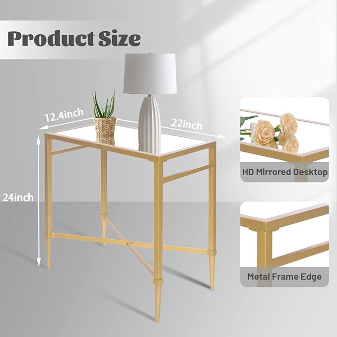 Gold End Table, Rectangle Side Table with Mirrored Top, Modern Metal End Table, Small Narrow Side Table for Living Room, Balcony, 22" L x 12.4" W x 24" D-Ruum Studio Home