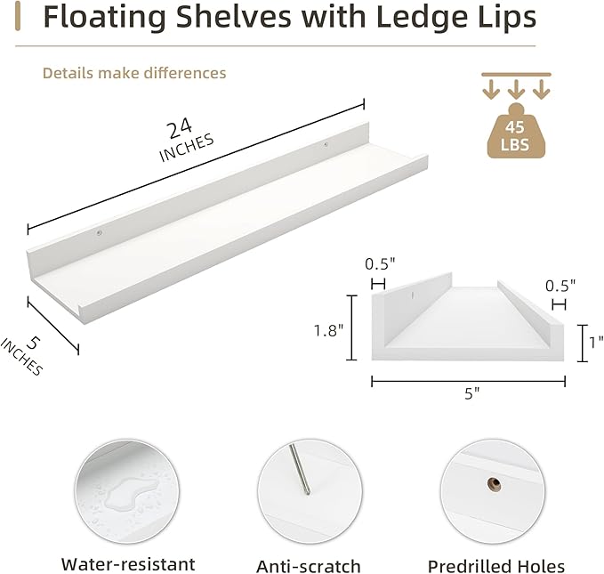 Picture Ledge Shelf, Wood Floating Shelves Set of 4, 24 inch Picture Ledge Shelves, Photo Ledge Nursery Book Shelves Wall Mounted for Living Room Kids' Room Bedroom, Color White-Ruum Studio Home