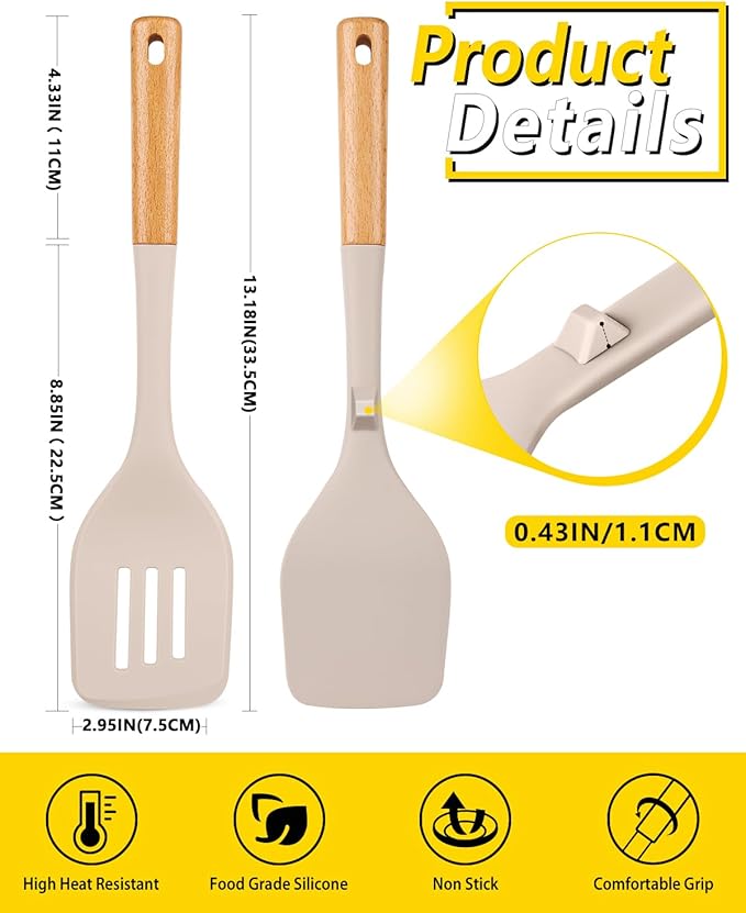 Pack of 2 Large Silicone Spatula, Heat Resistant Solid Turner, Non Stick Slotted Spatulas with Wooden Handle, Ideal Kitchen Utensils for Flipping, Pancakes, Eggs, Fish(KHAKI)-Ruum Studio Home