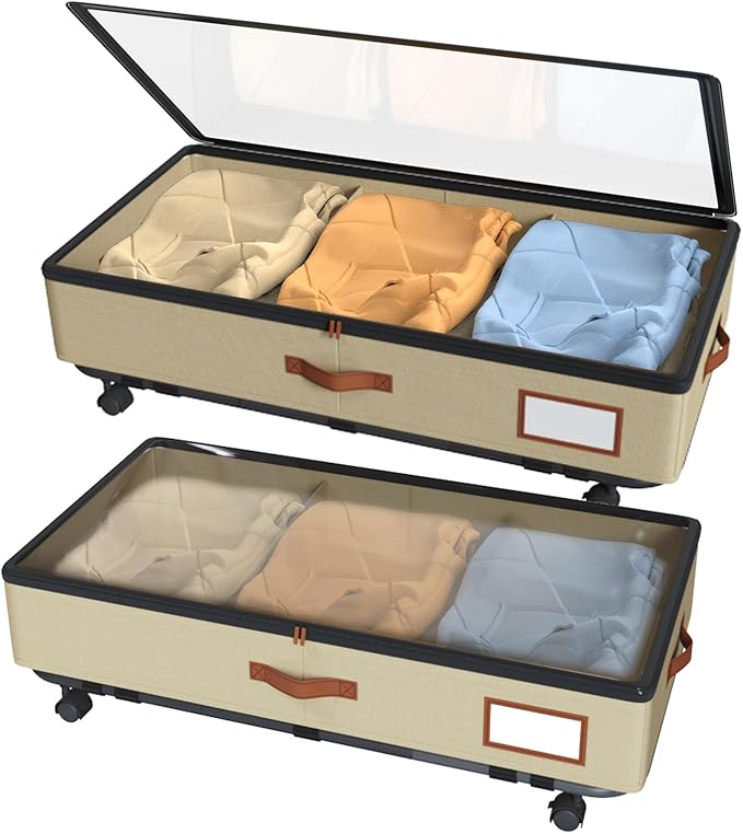 IUI Under Bed Storage with Wheels & Lid, 50L Large Capacity Underbed Storage Containers, Versatile Under The Bed Shoe Storage for Clothes, Books, Toys, 2 Pack, Ivory White-Ruum Studio Home