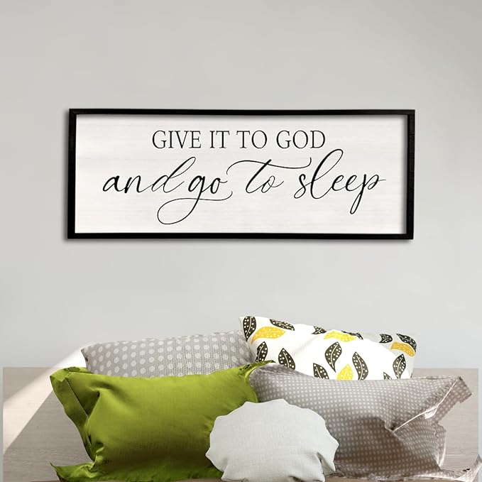 comurdyo Give It To God And Go to Sleep Sign 40''×15'' Master Bedroom Above Bed Wall Decor Wood Framed Couple Large Farmhouse Guest Room Rustic Simple Over Bedside Wall Art Hanging Decor (Black)-Ruum Studio Home