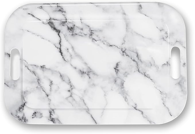 Serving Trays with Handles, 14.5 x 9.8 inch Rectangular Plastic Tray for Restaurant, Kitchen, Gray White Marble-Ruum Studio Home