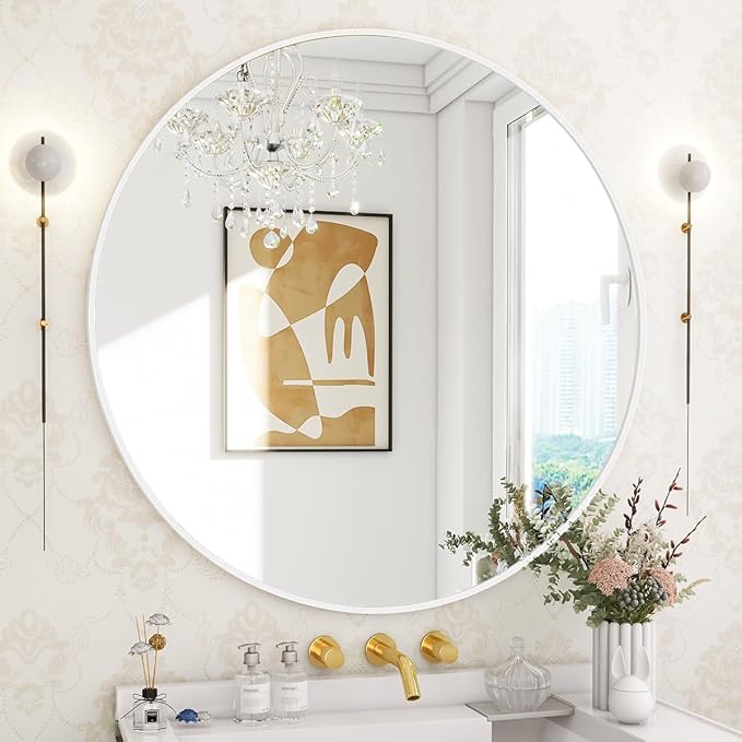 BEAUTYPEAK 20 Inch Round Mirror, Metal Frame Circle Mirror, Wall Mounted for Entryway, Bathroom, Vanity, Living Room, White-Ruum Studio Home