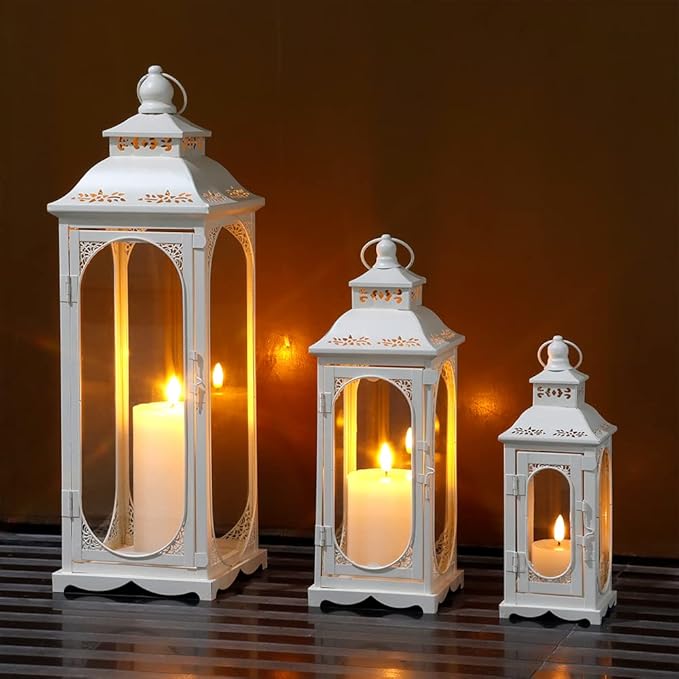 TRIROCKS Set of 3 Vintage Candle Lanterns 10/14/19.5'' High Decorative Outdoor Lantern Metal Candle Holder with Tempered Glass for Home Living Room Garden Yard Parties Events Indoors Outdoors (White)-Ruum Studio Home