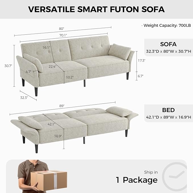 89” Futon Sofa Bed, Comfy Futon Couch Bed with 2 Square Pillows, Convertible Sleeper Sofa with Adjustable Backrest& Armrests, Modern Loveseat Sleeper for Living Room, Bedroom, White-Ruum Studio Home