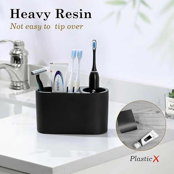 Luxspire Toothbrush Holder, 2 Slots Toothbrush and Toothpaste Holdersfor Bathrooms, Resin Toothbrush Holder Electric Toothbrush Stand for Vanity Countertop, Bathroom Accessories, Matte Black-Ruum Studio Home