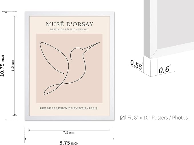 Poster Master Vintage Poster - Retro One Line Hummingbird Drawing Print - Bird Line Art - Minimal Gift for Him, Her, Animal Lover - Abstract Decor for Home, Office, 8x10 White Framed-Ruum Studio Home