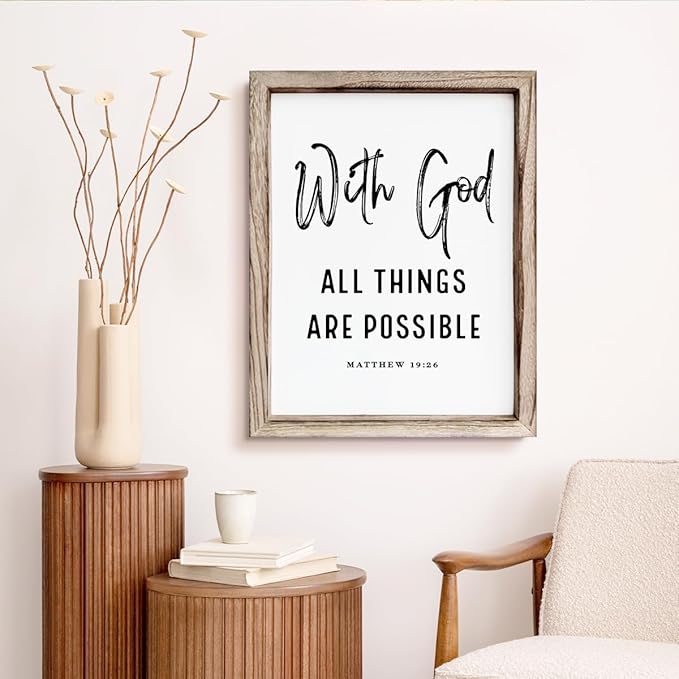 Christian Wooden Wall Signs, Religious Home Decor, Farmhouse Decor for Home Office, Christian Gift, Hanging Framed Wall Plaque 15 * 11.5 inches, With God All Things are Possible Sign-Ruum Studio Home