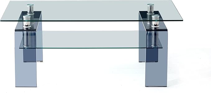 Glass Coffee Table Rectangle Living Room Center Table with Storage, Clear Tempered Glass Tabletop and Smoke Grey Leg,for Living Room and Office (Clear+Smoke)-Ruum Studio Home
