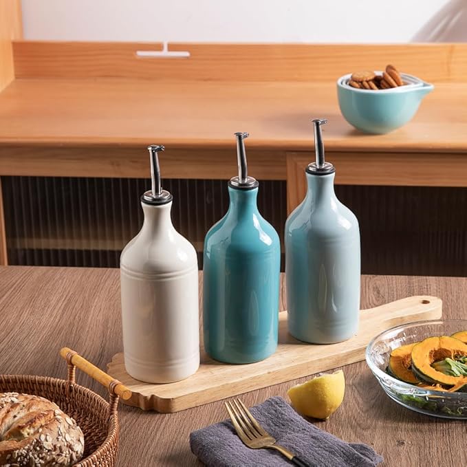 Sweejar Ceramic Olive Oil Dispenser Bottle, Opaque Oil Cruet Protects Oil to Reduce Oxidation, Suitable for Storage Oil, Vinegar, Coffee Syrups & Other Liquids, Pack of 1, 15.5 Fl Oz (Light Blue)-Ruum Studio Home
