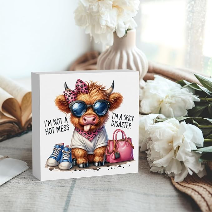Funny Cute Highland Cow Baby Decor, Cow With Pink Bow, Highland Cow Gifts for women, Western Highland Cow Nursery Decor, Wooden Box Decor Sign for Home Farmhouse Office Living Room Table Shelf-Ruum Studio Home