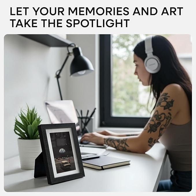 Homeforia 4x6 Picture Frame Black Wood, High End Oak 4by6 Black Wooden Frames with Mat 3x5 Print, 4 x 6 Frame Matted to 3 x 5 inch Photo, 6x4 Wall or Tabletop Frame, Tempered Glass, Wall Kit, Set of 1-Ruum Studio Home