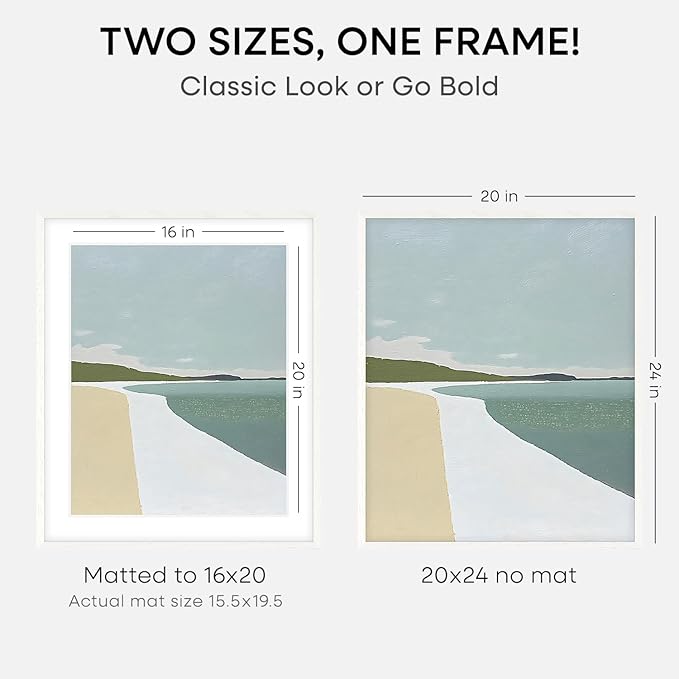 Homeforia 20x24 White Picture Frame, High End Oak 20x24 White Wood Frame with Mat 16x20 Photo, 20 x 24 Wooden Poster Frames Matted to 16 by 20, 24x20 Hanging Frames, Tempered Glass, Wall Kit, Set of 1-Ruum Studio Home
