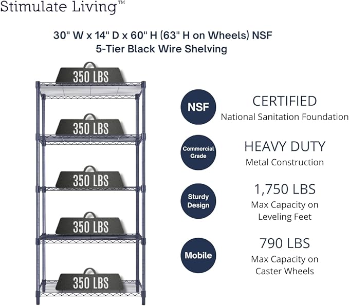 30"x14"x60" PRIME HEAVY DUTY Black 5-Tier Wire Shelving 1,750 LBS MAX Capacity Storage Rack for Commercial, School, Home, Garage, Warehouse, Industrial, and Hospital Uses (with Wheels)-Ruum Studio Home