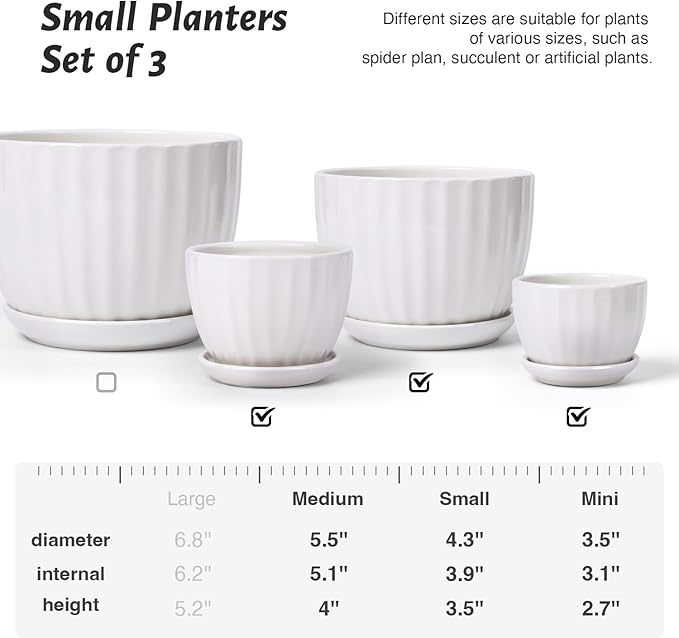 Ceramic Plant Pots with Drainage Holes and Saucers, Round White Flower Pots for Indoor Plant, Diameter 3.3/4.3/5.5 Inches Small Flower Planters Set of 3-Ruum Studio Home