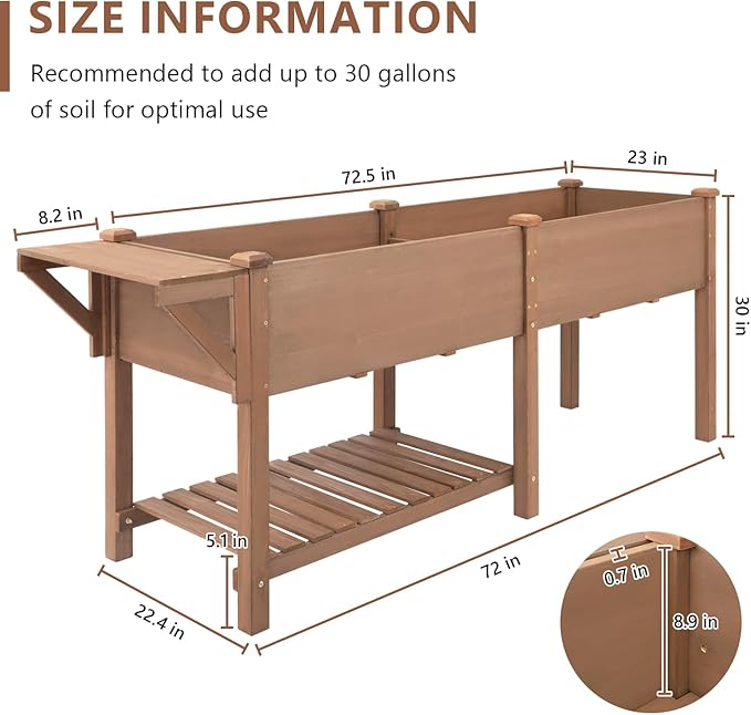 Raised Garden Bed with Legs Outdoor,Elevated Garden Box,Storage Shelf, Protective Liner for Backyard,Patio,Balcony,80x23x30in (Brown)-Ruum Studio Home