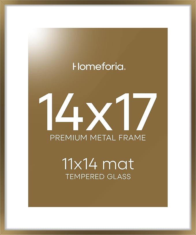 Homeforia 14x17 Picture Frame Bronze, High End Metal 14x17 Brass Poster Frames with Mat 11x14 for Photo, 14 x 17 Frame Matted to 11 by 14 Print, 17x14 Hanging Frame, Tempered Glass, Wall Kit, Set of 1-Ruum Studio Home