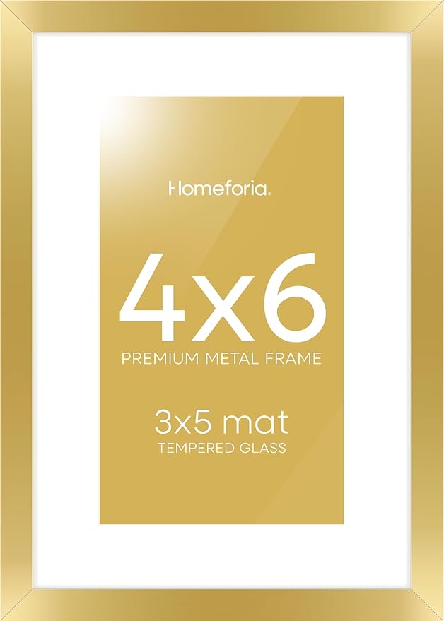 Homeforia 4x6 Picture Frame Gold, High End Metal 4 x 6 Gold Frames with Mat 3 x 5 for Print, 4by6 Desk Frame Matted to 3x5 inch Photo, 4 by 6 Wall or Tabletop Frame, Tempered Glass, Wall Kit, Set of 1-Ruum Studio Home
