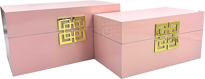 Galt International Storage Box Set Decorative Storage Box w/Hinged Lid Classic Design Wood Decor Boxes with Geometric Clasp Storage for Bedroom & Home - Set of 2 (Pink & Gold)-Ruum Studio Home