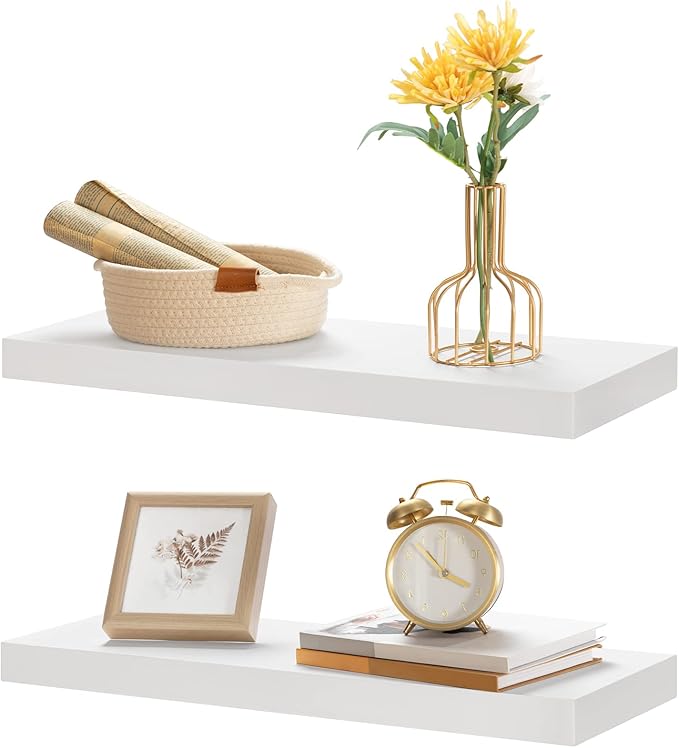 HOOBRO Floating Shelves for Wall, Wall Mounted Shelf Set of 2, 23.6" Hanging Shelf with Invisible Brackets, for Wall in Bathroom, Bedroom, Toilet, Kitchen, Living Room, Office, White WT60BJ01-Ruum Studio Home