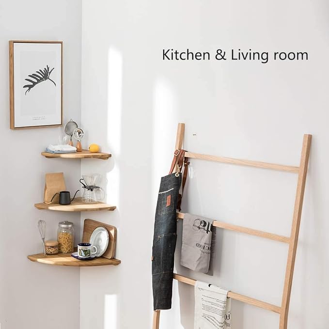 Corner Shelf, 7inch Solid Oak Wood Floating Corner Shelf Wall Mount Round End Floating Speaker Shelves with Wire Hole for Small Plant Photo Frame for Bedroom Kitchen, Living Room-Ruum Studio Home