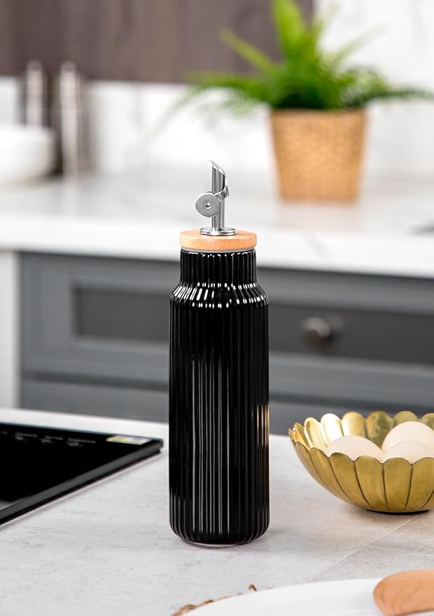 Nucookery Ceramic Olive Oil Dispenser Bottle for Kitchen, 14 oz Opaque Vinegar Dispenser Bottle, Large Capacity Cooking Oil Container for Storage Vinegar, Soy Sauce, Coffee Syrup, Black-Ruum Studio Home