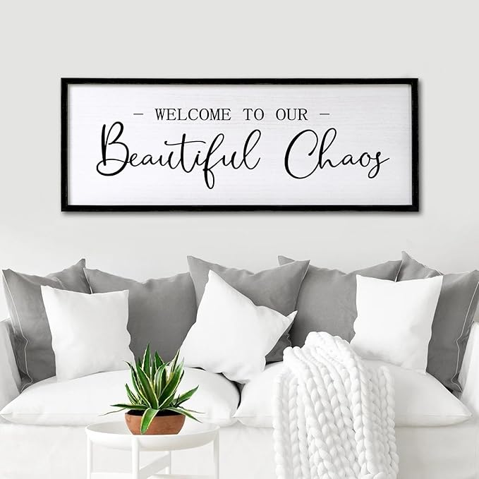 Welcome to Beautiful Chaos Framed Wall Art, 40''×15'' Rustic Horizontal Beautiful Chaos Plaque with Black Frame for Entryway Living Room, Farmhouse Long Welcome to our Chaos Wood Sign Wall Decor-Ruum Studio Home