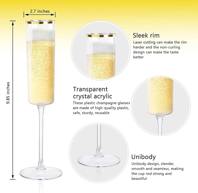 Ciaell 24 Pack Plastic Champagne Flutes - 6Oz Gold Rim Disposable Champagne Glasses - Square Clear Plastic Toasting Glasses for Party Birthday Anniversary Wedding-Ruum Studio Home
