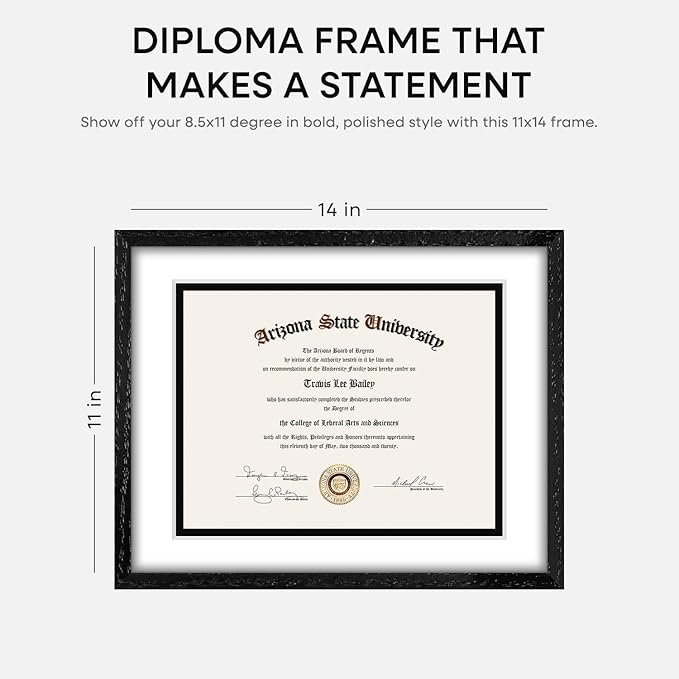 Homeforia 11x14 Diploma Frame Black Wood, High End Black Oak 11 x 14 Certificate Frames with Mat 8.5x11, 14x11 Wooden Document Matted Frame, Award Graduation Frames, Tempered Glass, Wall Kit, Set of 1-Ruum Studio Home