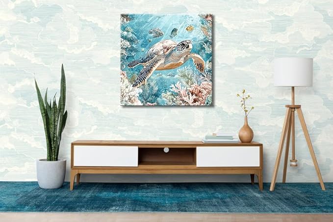 Sea Turtle Bathroom Wall Decor Ocean Theme Framed Canvas Wall Art Coastal Nautical Prints Picture Watercolor Coral Marine Life Painting for Kid Bedroom Living Room Home Decoration 14x14”-Ruum Studio Home