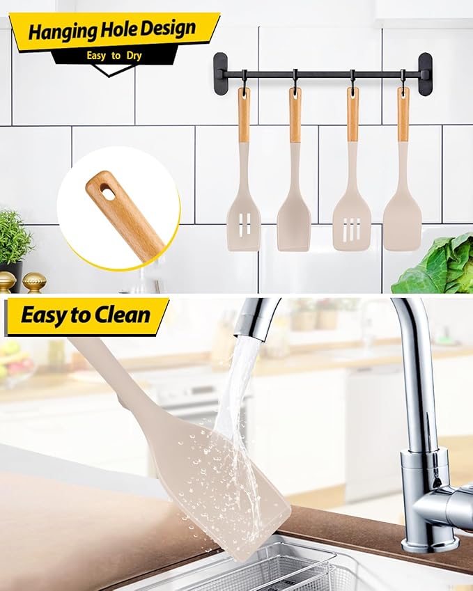 Pack of 4 Silicone Kitchen Utensils Set, Non Stick Solid Spatulas and Heat Resistant Slotted Spoons with Wooden Handle, Ideal BPA Free Cooking Utensils for Mixing,Serving,Turning,Stirring(KHAKI)-Ruum Studio Home