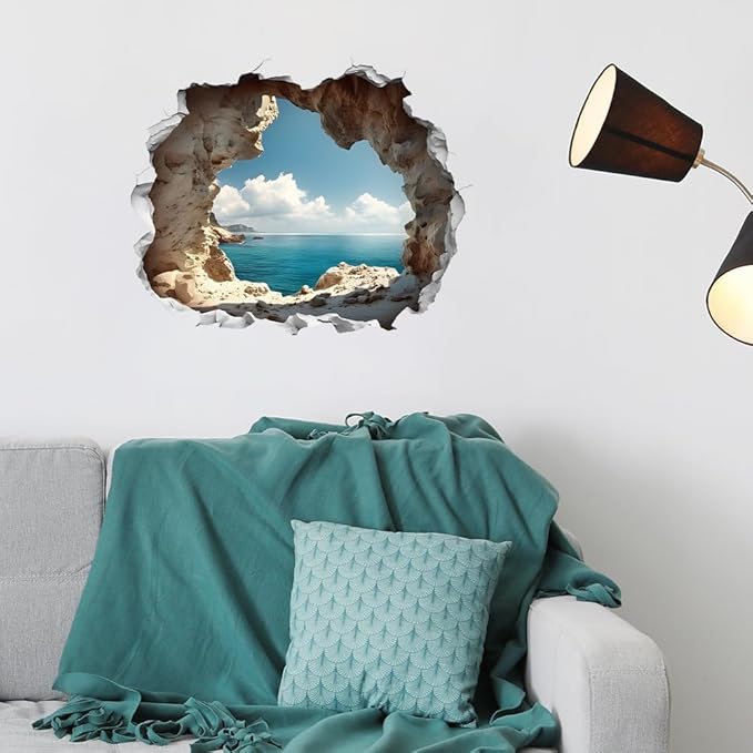 Cave by The Sea Wall Stickers for Living Room Large 3D Broken Wall Wall Decals Removable Peel and Stick Wall Art Home Decor Decoration for Bedroom Bathroom Classroom Library-Ruum Studio Home