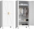 71'' Farmhouse Metal Wardrobe Cabinet with Hanging Rod, 2 Barn Door Wardrobe Closet with 2 Adjustable Shelves,for Dining Room,Bedroom,Living Room, Cloak Room,Office (White)-Ruum Studio Home