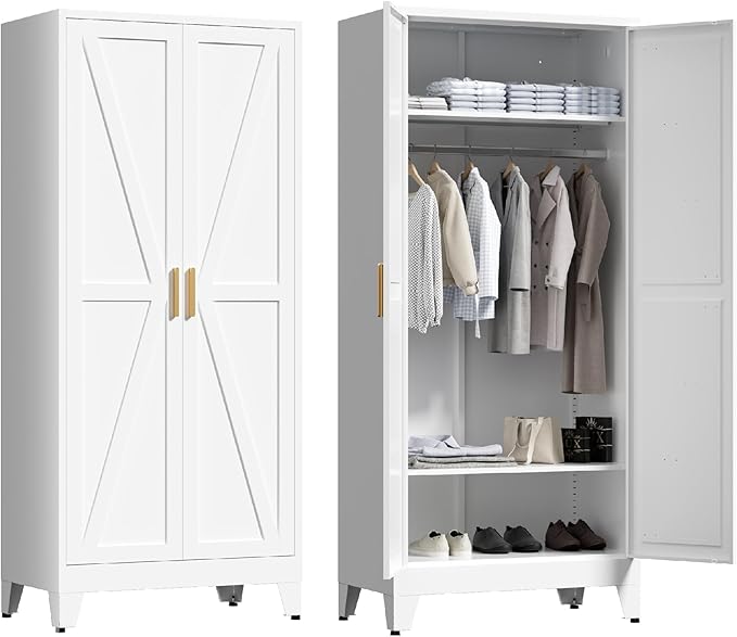 71'' Farmhouse Metal Wardrobe Cabinet with Hanging Rod, 2 Barn Door Wardrobe Closet with 2 Adjustable Shelves,for Dining Room,Bedroom,Living Room, Cloak Room,Office (White)-Ruum Studio Home