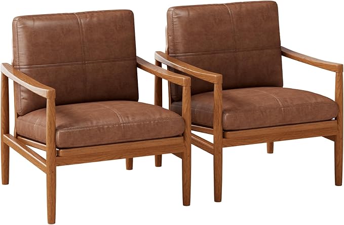 Mid Century Modern Accent Chair Set of 2, Leather Accent Chair, Relaxing Armchair with Solid Wood Frame & Soft Cushion, Reading Leisure Chairs for Living Room-Ruum Studio Home