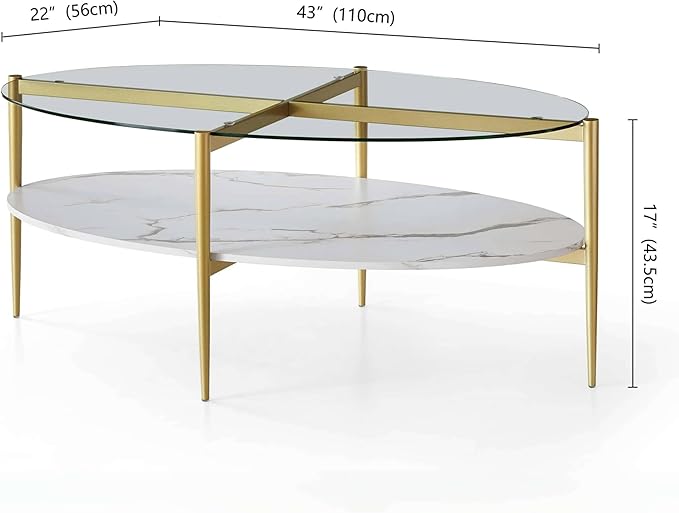 Oval Glass Coffee Table, Mid-Century Modern Design, L43 x W22 x H17 inch, Surfboard Shaped Clear Glass Top and White Marble Finish Wood Shelf, Tapered Legs with Gold Finish Frame-Ruum Studio Home