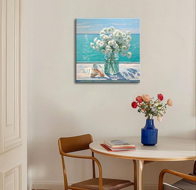 Bathroom Decor Ocean Daisy Flower Canvas Wall Art Coastal Nautical Seashell Seascape Framed Picture Ocean Theme Seascape Painting Artwork for Bedroom Home Decoration Square Blue 14x14"-Ruum Studio Home