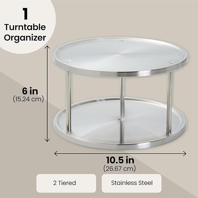Juvale 2-Tier Lazy Susan Spice Rack Organizer for Cabinet - Stainless Steel Spice Carousel - Pantry & Kitchen Countertop Organizer (10.5 in)-Ruum Studio Home