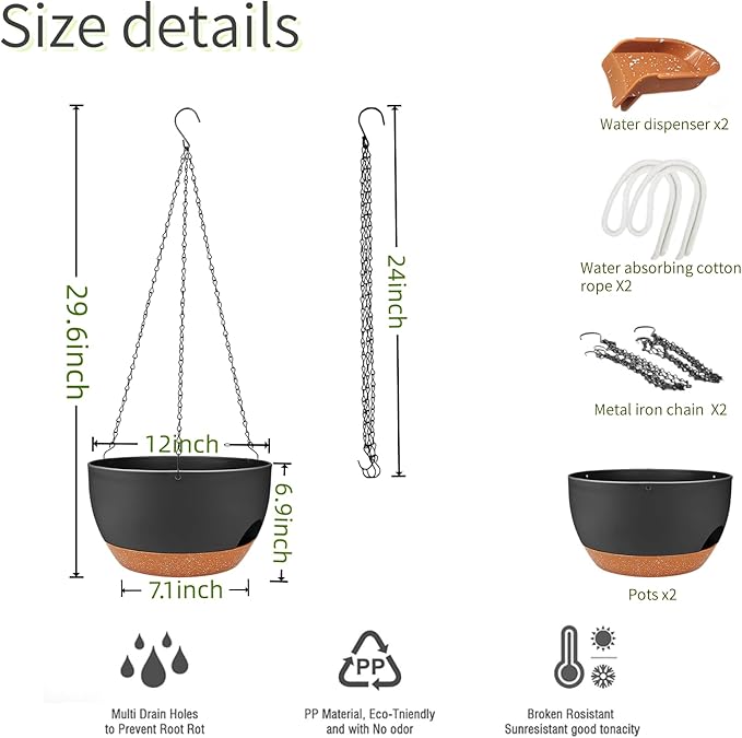 2 Pack Hanging Planters for Indoor Outdoor Plants, 12 Inch Self Watering Hanging Pot with Drainage Holes and Saucer, Plastic Plant Pots, Black Brown Flower Pots for Kitchen, Balcony, Garden-Ruum Studio Home
