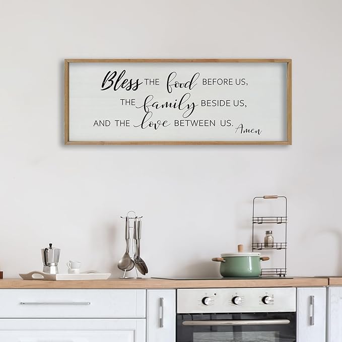 SRSZHIYUE Bless the Food Before Us Wall Sign Decor 40"×15" Christian Bible Verse for Farmhouse Rustic Kitchen Dining Room Framed Wood Scripture Religious Jesus Prayer Wall Art (Wood)-Ruum Studio Home