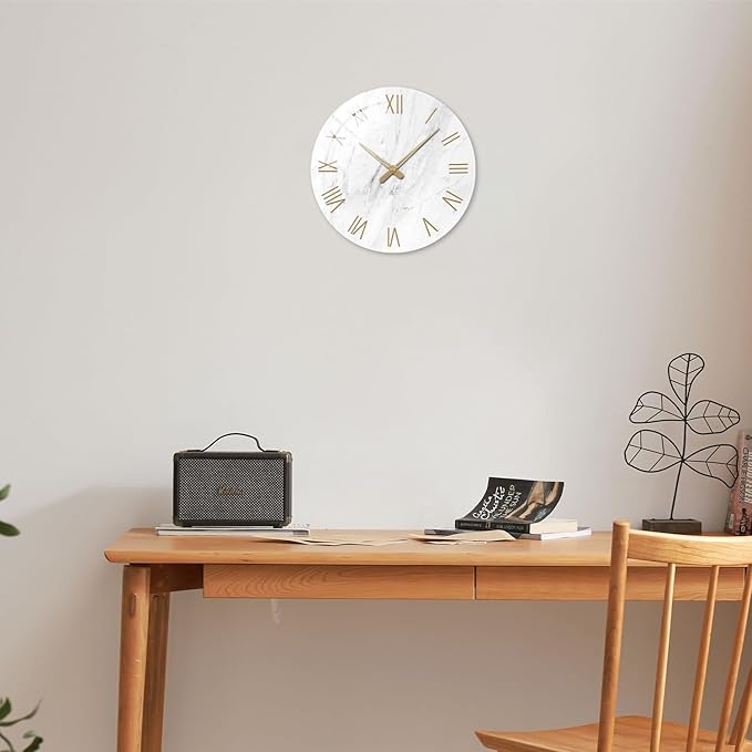 Round Marble Battery Wall Clock Modern 14 Inch White Minimalist Wall Clock for Kitchen Quartz Glass Slient Clock for Wall-Ruum Studio Home