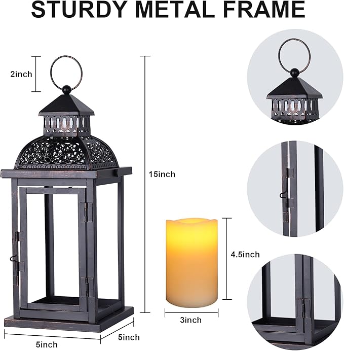 NEEDOMO Lanterns Decorative Indoor & Outdoor, 15'' Lantern with LED Candle, Vintage Metal Hanging Lanterns for Patio, Front Porch,Yard, Table, Spring (NO Glass)-Ruum Studio Home