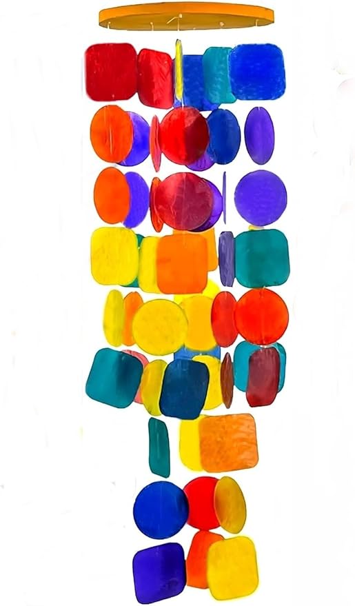 Bellaa 22890 Wind Chimes Outdoor, Garden Decorations, Musical, Indoor/Outside Windchimes, Beach, Ocean Breeze, Gifts for Mom, Gift for All Occasions, Capiz Sea Glass Shells Wood 27 inch Rainbow-Ruum Studio Home